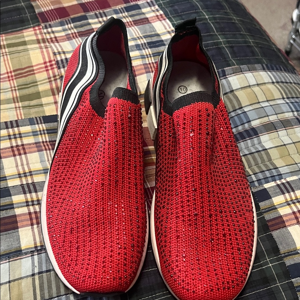 Red Sparkle and Black Slip-On Women's Shoes